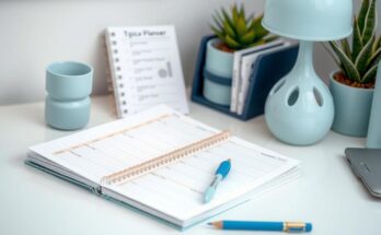 A serene office scene with a planner, coffee, and light blue decor reflecting focus and productivity.