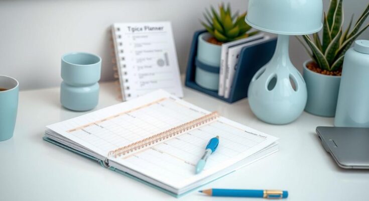 A serene office scene with a planner, coffee, and light blue decor reflecting focus and productivity.
