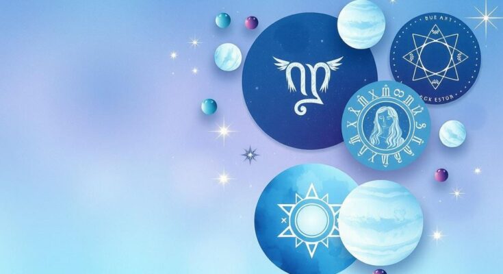 Astrological elements with a zodiac symbol, celestial bodies, and a calming color palette for introspection.