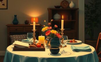 A cozy dinner scene with warm lighting and a beautifully set table for two, featuring a home-cooked meal and fresh flowers.