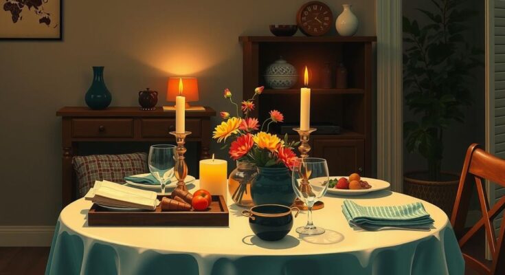 A cozy dinner scene with warm lighting and a beautifully set table for two, featuring a home-cooked meal and fresh flowers.