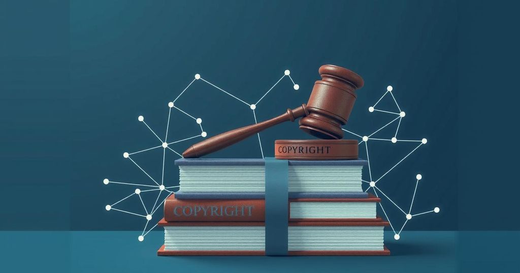 A symbolic representation of copyright, featuring a gavel, books, and an abstract outline of a digital network.