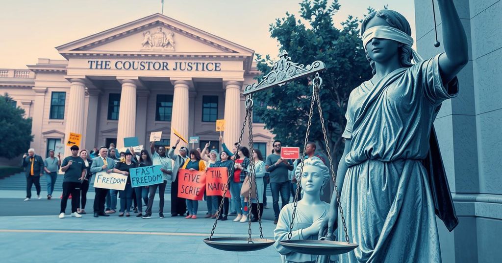 Rally for justice with activists outside a courthouse, a blindfolded woman statue symbolizing unbiased justice visible
