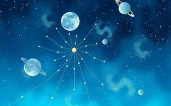 Celestial pattern of stars and planets in calming blue, highlighting Gemini's influence for communication and intuition.