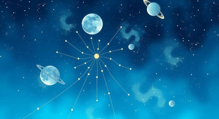 Celestial pattern of stars and planets in calming blue, highlighting Gemini's influence for communication and intuition.