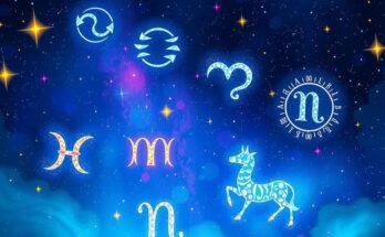 Colorful astrological symbols against a starry night background for horoscopes.