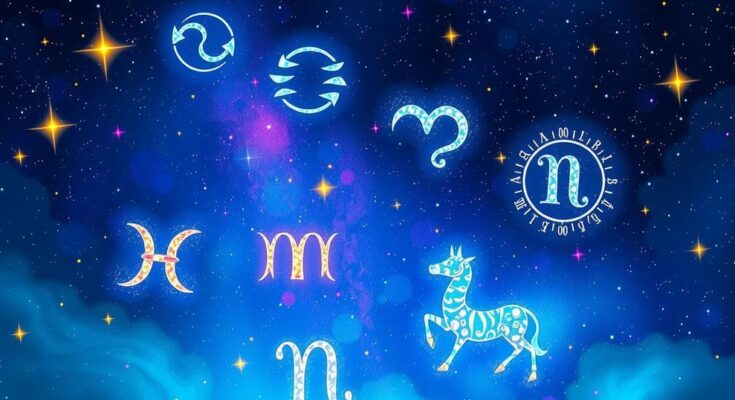 Colorful astrological symbols against a starry night background for horoscopes.