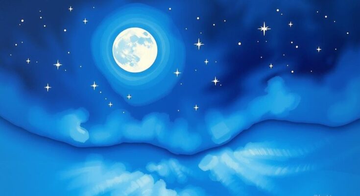A serene night sky with a glowing moon, stars twinkling, and a silhouette of a calm landscape for Sagittarius horoscope.