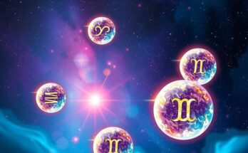 Colorful celestial imagery representing zodiac signs with an ethereal astrological theme and vibrant cosmic colors.