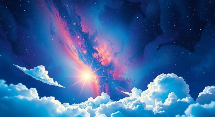 A celestial scene illustrating the zodiac signs in a colorful cosmic landscape with twinkling stars and gentle clouds.