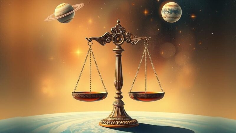 Libra horoscope concept with scales, cosmic elements, and warm earthy color palette representing positive energy.