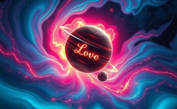 A cosmic scene with a glowing planet symbolizing love, surrounded by vibrant colors and starry skies, representing romance in astrology.