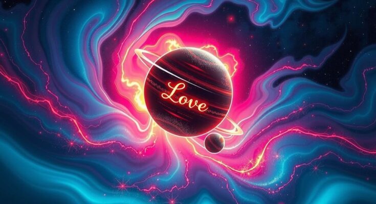 A cosmic scene with a glowing planet symbolizing love, surrounded by vibrant colors and starry skies, representing romance in astrology.