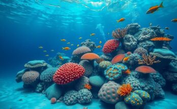 A deep ocean scene with vibrant coral reefs and diverse marine life representing transformation and authenticity.