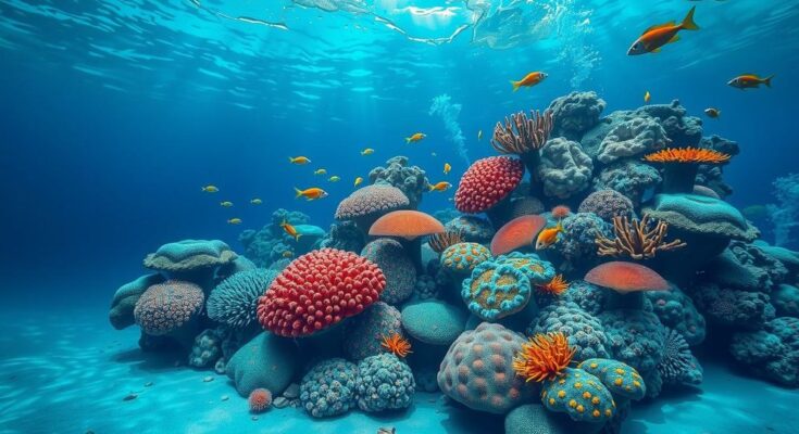 A deep ocean scene with vibrant coral reefs and diverse marine life representing transformation and authenticity.