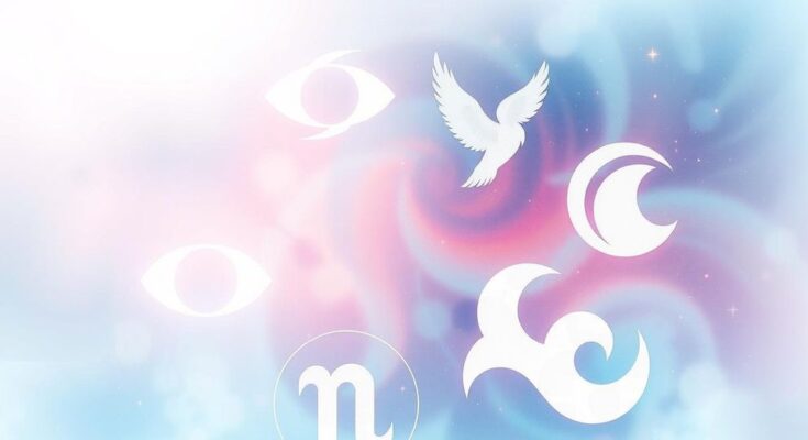 Astrological symbols and celestial bodies blend in soft pastel colors, representing introspection and cosmic guidance.