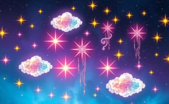 A vibrant cosmic scene depicting five zodiac symbols radiating energy, with colorful celestial elements and harmonious stars.
