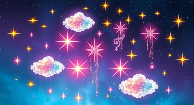 A vibrant cosmic scene depicting five zodiac symbols radiating energy, with colorful celestial elements and harmonious stars.