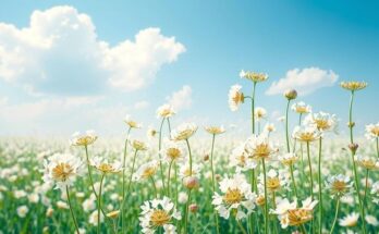 A serene landscape with bright white flowers under a clear blue sky, symbolizing growth and positivity.