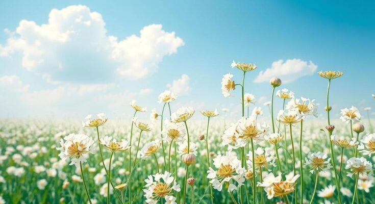 A serene landscape with bright white flowers under a clear blue sky, symbolizing growth and positivity.