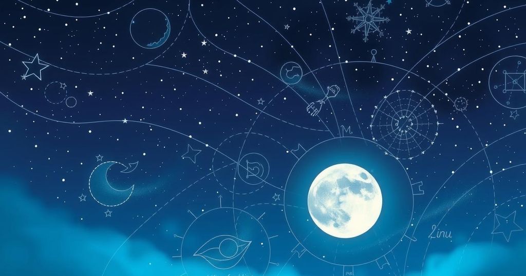 Astrological symbols in a celestial night sky filled with stars and a glowing full moon for horoscopes.