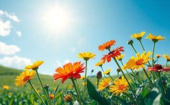A serene landscape with vibrant flowers under a bright blue sky, representing creativity and renewal for Cancer signs.