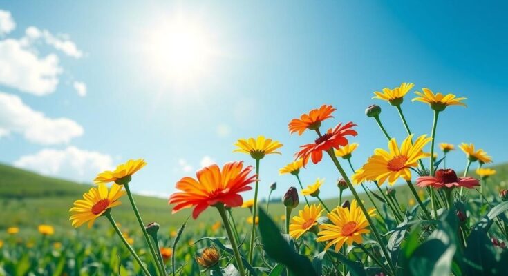 A serene landscape with vibrant flowers under a bright blue sky, representing creativity and renewal for Cancer signs.