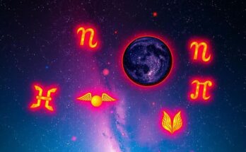 Celestial scene with zodiac symbols, fire signs, nine stars glowing, vibrant colors reflecting cosmic energy.
