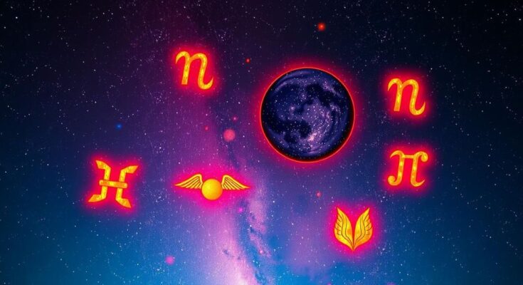 Celestial scene with zodiac symbols, fire signs, nine stars glowing, vibrant colors reflecting cosmic energy.