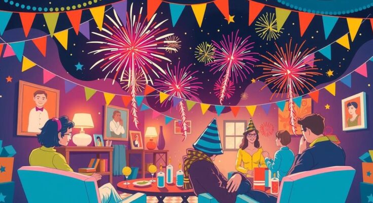 Забавная атмосферная вечеринка, фейерверки, выход из трудной ситуации, позитив и новое начало, яркие цвета.