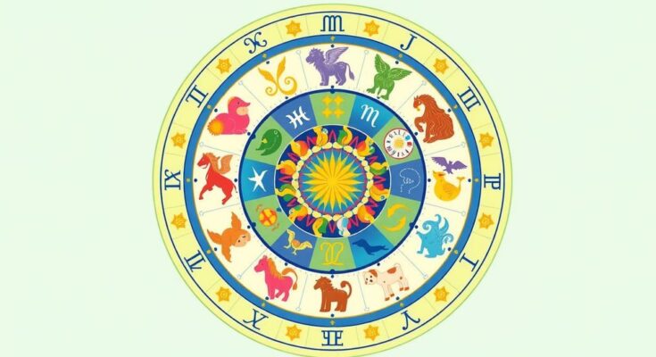 Colorful astrological wheel representing daily horoscopes with zodiac signs and their predictions, vibrant and imaginative