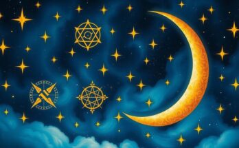 Astrological symbols with celestial elements like stars and moons in shades of blue and gold for a cosmic theme.