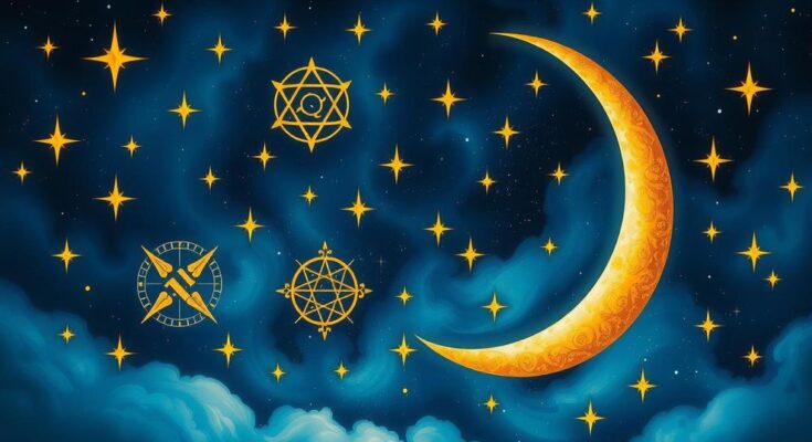 Astrological symbols with celestial elements like stars and moons in shades of blue and gold for a cosmic theme.
