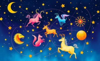 Colorful zodiac symbols and celestial designs against a starry background representing astrology horoscopes.