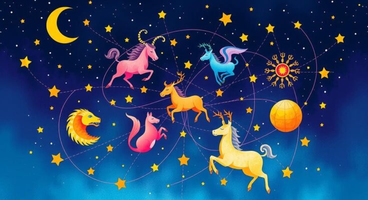 Colorful zodiac symbols and celestial designs against a starry background representing astrology horoscopes.