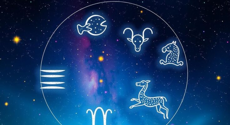 Astrological symbols of all zodiac signs on a starry night background with bright constellations.