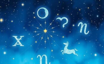 Celestial scene with starry night sky, zodiac signs glowing, and a hint of cosmic elements, in a dreamy watercolor style.