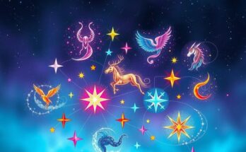 A celestial scene depicting zodiac signs, stars, and a dream-like atmosphere emphasizing creativity and aspirations.