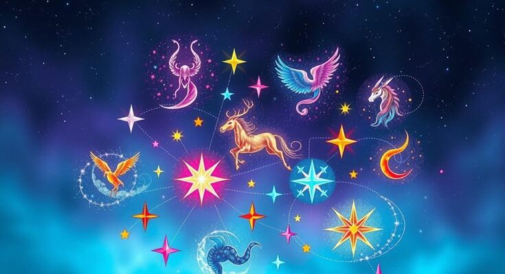 A celestial scene depicting zodiac signs, stars, and a dream-like atmosphere emphasizing creativity and aspirations.