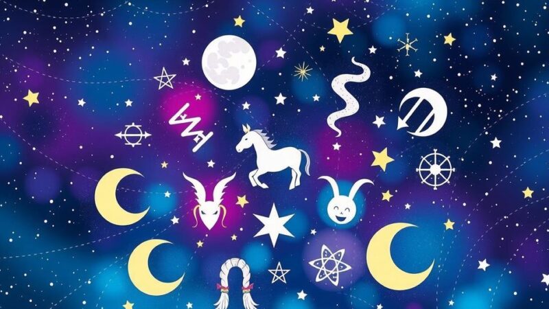 Astrological symbols representing zodiac signs and celestial events arranged in a colorful cosmic background.