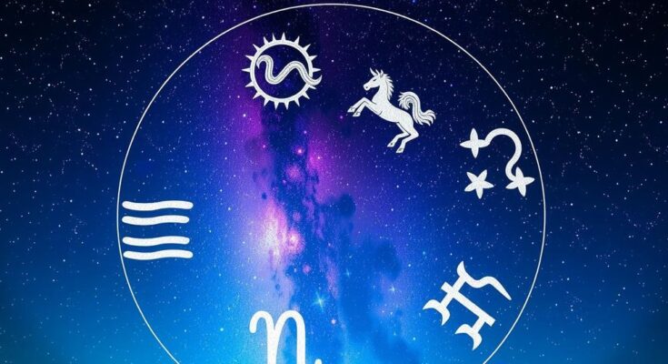 Colorful zodiac symbols representing each sign in a starry night sky, with a sparkle effect to enhance positivity.
