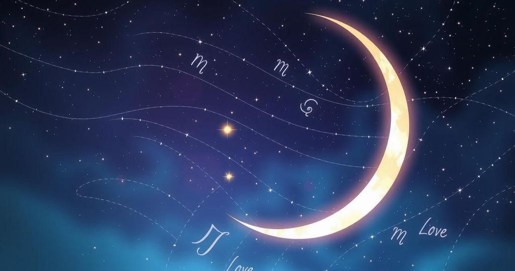 Celestial background with a glowing crescent moon, starry night, and Zodiac symbols reflecting themes of introspection and love.