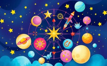 Astrological symbols and celestial elements in vibrant colors symbolizing positive energy and decision-making.