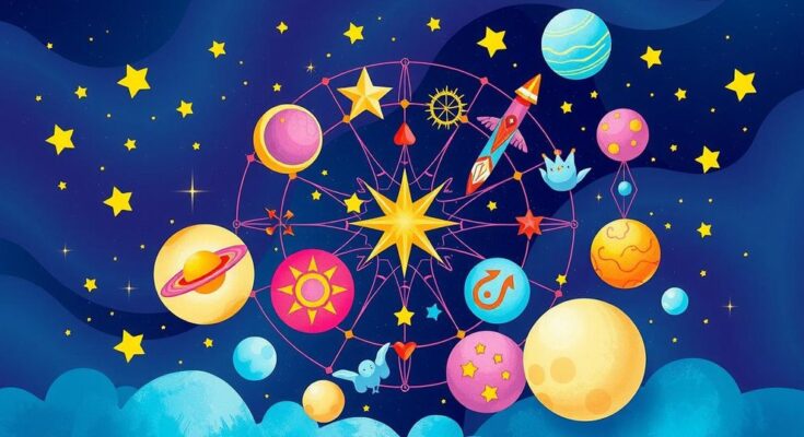 Astrological symbols and celestial elements in vibrant colors symbolizing positive energy and decision-making.