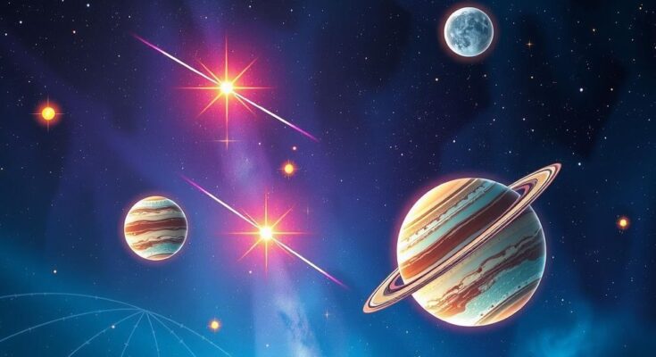 A serene cosmic scene featuring stars and planets reflecting harmony and tranquility in astrology.