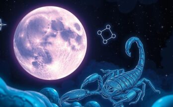 A cosmic scene depicting the Scorpio full moon glowing brightly in a starry night sky, framed by zodiac constellations.