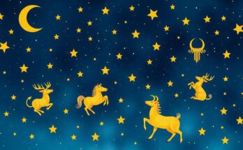 Celestial theme representing astrology with zodiac signs and stars, featuring deep blues and golden constellations.