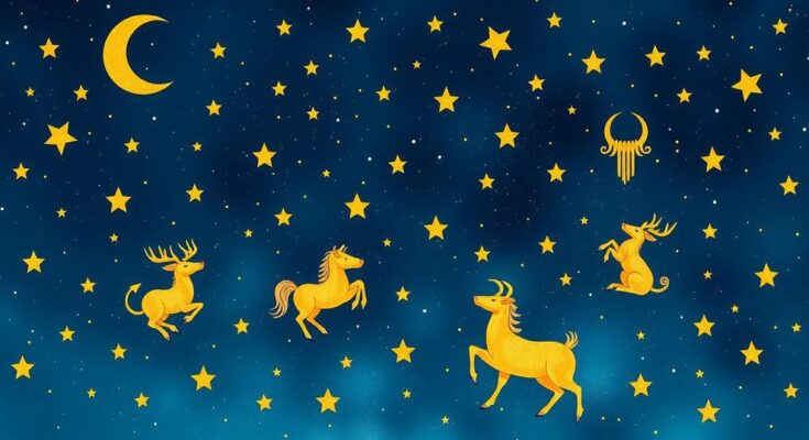 Celestial theme representing astrology with zodiac signs and stars, featuring deep blues and golden constellations.