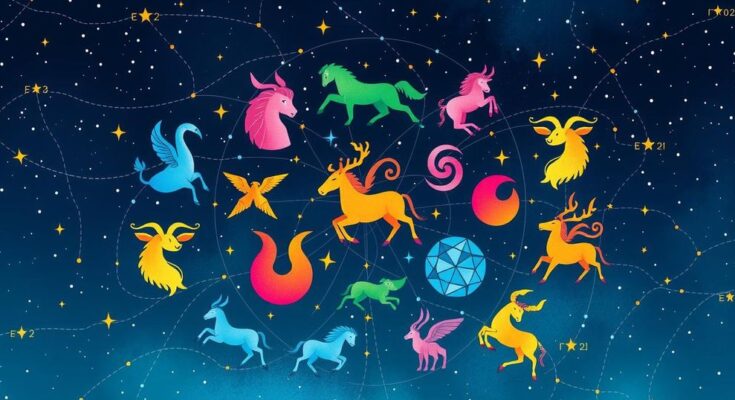 Astrological symbols with colorful zodiac signs, celestial stars, and constellations encapsulating astrology's mystique.