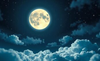 Night sky with new moon in Taurus surrounded by shimmering stars and soft clouds, symbolizing new beginnings.